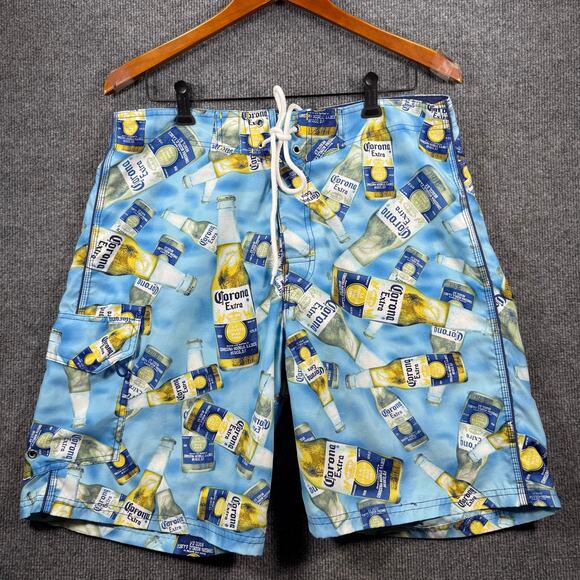 Corona Extra Swim Shorts Men's 34 Blue Beer Bottle Allover Swimwear Outdoors - Picture 1 of 10
